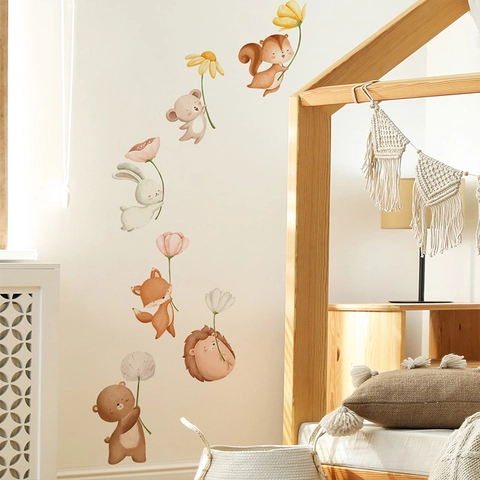 Adesivi Murali per Cameretta Bambini Animali Cartoni Animati Fiori Acquerello PVC Removibili Decorazione Parete Asilo Nido