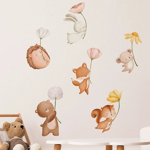 Adesivi Murali per Cameretta Bambini Animali Cartoni Animati Fiori Acquerello PVC Removibili Decorazione Parete Asilo Nido