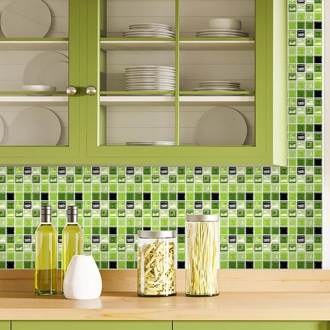 Pegatinas de Azulejos de Mosaico de Cuadros Verde Fresco Para Baño Cocina Autoadhesivas de PVC Impermeables Extraíbles Decoración