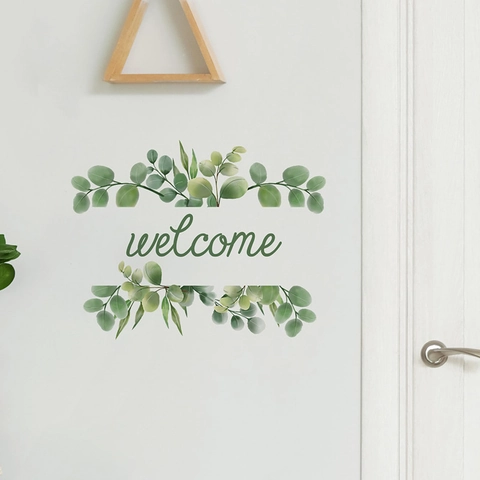 Fresh Green Eucalyptus Leaves Welcome Door Wall Sticker PVC Self-Adhesive Removable Mural Decal For Home Office Entrance Decor