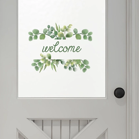 Fresh Green Eucalyptus Leaves Welcome Door Wall Sticker PVC Self-Adhesive Removable Mural Decal For Home Office Entrance Decor