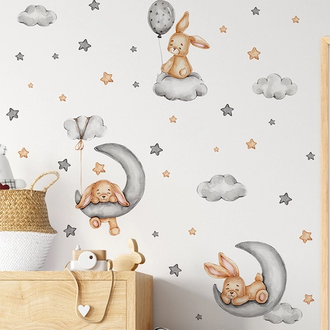 Pegatina de Pared de Conejo de Dibujos Animados Luna Estrellas Acuarela Decoración de Dormitorio Infantil PVC Autoadhesivo