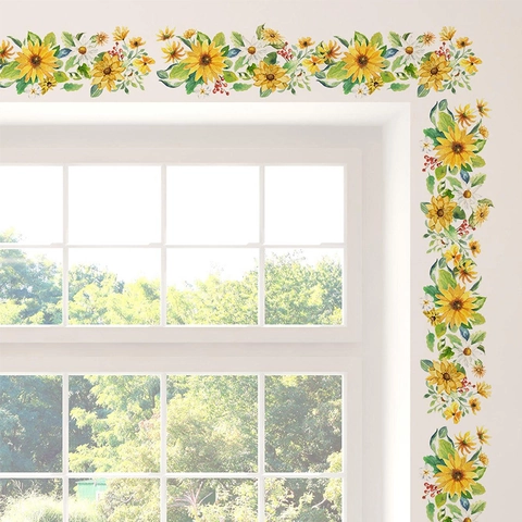 Sticker Mural Fleurs Tournesol Marguerite Aquarelle PVC Auto-adhésif Amovible pour Salon Chambre Décoration Maison