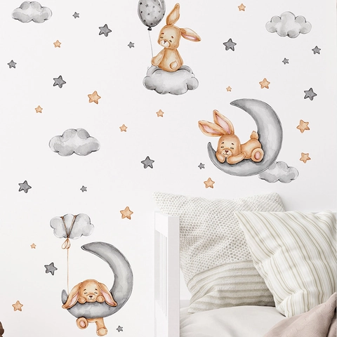 Pegatina de Pared de Conejo de Dibujos Animados Luna Estrellas Acuarela Decoración de Dormitorio Infantil PVC Autoadhesivo