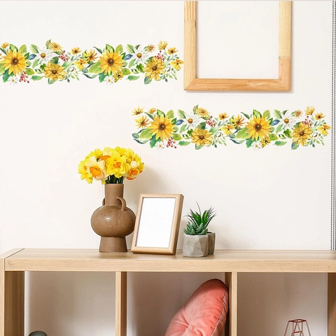Watercolor Sunflower Daisy Floral Wall Sticker Removable PVC Self Adhesive Border Decal For Kids Room Nursery Bedroom Home Decor