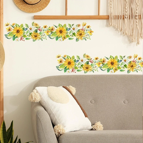 Watercolor Sunflower Daisy Floral Wall Sticker Removable PVC Self Adhesive Border Decal For Kids Room Nursery Bedroom Home Decor