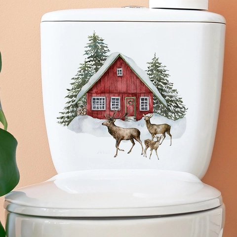 Watercolor Christmas Toilet Lid Wall Sticker Red Snow Cabin Reindeer Pine Tree Winter Holiday Home Bathroom Decor PVC Decal