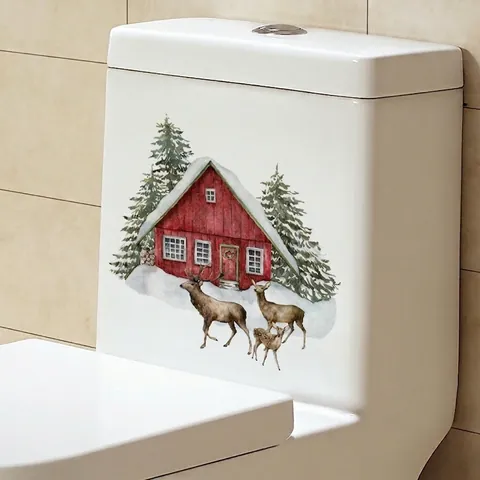Watercolor Christmas Toilet Lid Wall Sticker Red Snow Cabin Reindeer Pine Tree Winter Holiday Home Bathroom Decor PVC Decal