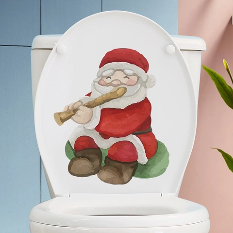 Aquarell Cartoon Weihnachtsmann Spielt Flöte Toilettenaufkleber PVC Selbstklebend Weihnachten Wandtattoo Für Badezimmer Deko