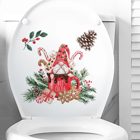 Pegatina de Pared Gnomo de Navidad Taza Hot Cocoa PVC Autoadesivo Calcomanía para Tapa de Inodoro Decoración del Hogar