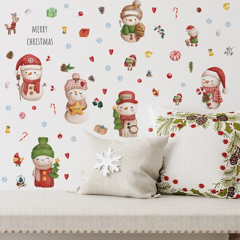 Christmas Cartoon Gnome Snowman Wall Stickers PVC Removable Watercolor Tree Decals For Window Wardrobe Home Decoration