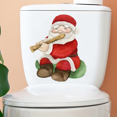 Aquarell Cartoon Weihnachtsmann Spielt Flöte Toilettenaufkleber PVC Selbstklebend Weihnachten Wandtattoo Für Badezimmer Deko