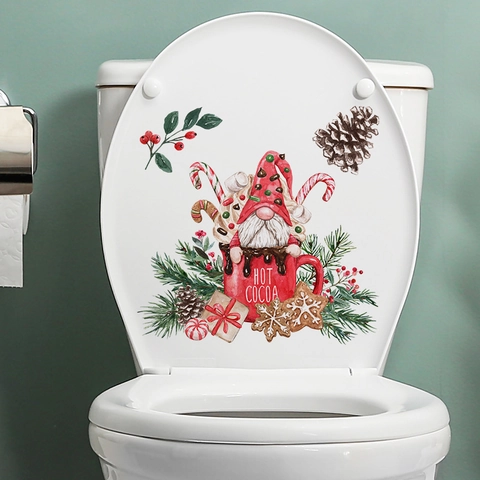 Pegatina de Pared Gnomo de Navidad Taza Hot Cocoa PVC Autoadesivo Calcomanía para Tapa de Inodoro Decoración del Hogar