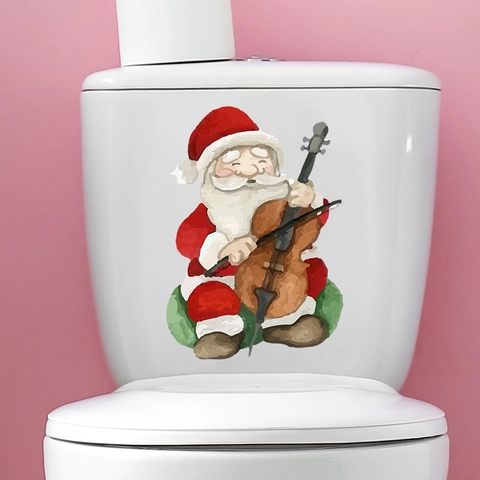 Cartoon Weihnachten Weihnachtsmann Cello Spielt Toilettenaufkleber Wasserdicht PVC Abnehmbar Wandtattoo Für Badezimmer Deko