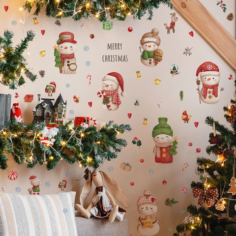 Christmas Cartoon Gnome Snowman Wall Stickers PVC Removable Watercolor Tree Decals For Window Wardrobe Home Decoration