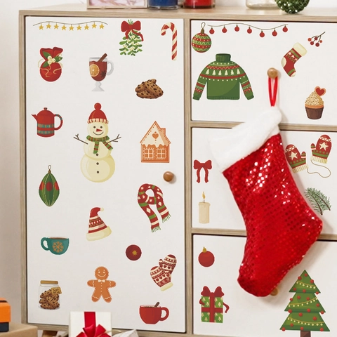 Christmas Cartoon Wall Stickers PVC Snowman Christmas Tree Gingerbread Man Self Adhesive Holiday Decals For Home Window Decor
