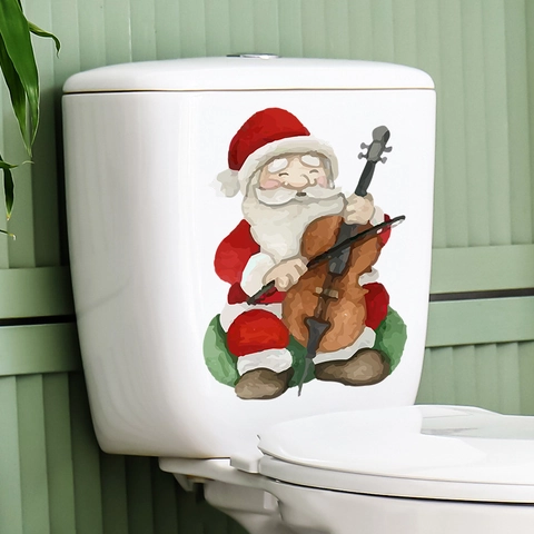 Cartoon Weihnachten Weihnachtsmann Cello Spielt Toilettenaufkleber Wasserdicht PVC Abnehmbar Wandtattoo Für Badezimmer Deko