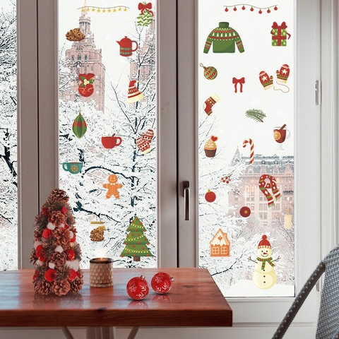 Christmas Cartoon Wall Stickers PVC Snowman Christmas Tree Gingerbread Man Self Adhesive Holiday Decals For Home Window Decor