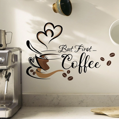 But First Coffee Wall Sticker Self Adhesive PVC Kitchen Art Decal Removable Heart Beans Decor For Cafe Home Office