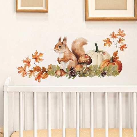 Autunno Bosco Scoiattolo Zucca Foglia di Acero Adesivi Murali Ringraziamento Decorazioni Casa Impermeabile Autoadesivo Decalcomania