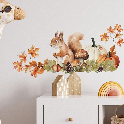 Autunno Bosco Scoiattolo Zucca Foglia di Acero Adesivi Murali Ringraziamento Decorazioni Casa Impermeabile Autoadesivo Decalcomania
