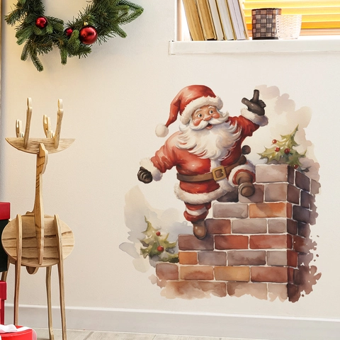 Adesivo da Parete Babbo Natale Camino Acquerello PVC Autoadesivo Rimovibile Natale Decalcomania per Cameretta Bambini Casa