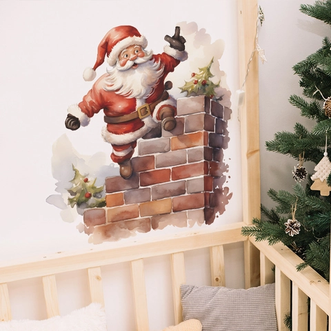 Adesivo da Parete Babbo Natale Camino Acquerello PVC Autoadesivo Rimovibile Natale Decalcomania per Cameretta Bambini Casa