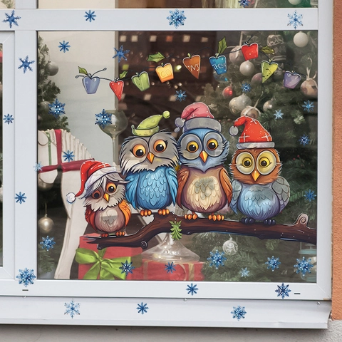 Weihnachten Eule Baumzweig Schneeflocke Fensteraufkleber PVC Dekorative Glasaufkleber Für Haus Schaufenster Weihnachtsdekoration