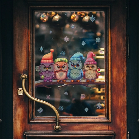 Pegatina de Pared de Búhos de Navidad Sentados En Rama de Árbol Búho de PVC Dibujos Animados Con Gorros de Invierno Copos de Nieve Calcomanías de Ventana Extraíbles Para Decoración Navideña