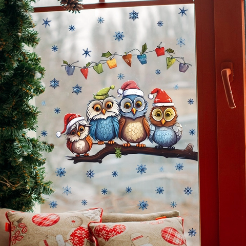 Weihnachten Eule Baumzweig Schneeflocke Fensteraufkleber PVC Dekorative Glasaufkleber Für Haus Schaufenster Weihnachtsdekoration