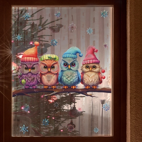 Pegatina de Pared de Búhos de Navidad Sentados En Rama de Árbol Búho de PVC Dibujos Animados Con Gorros de Invierno Copos de Nieve Calcomanías de Ventana Extraíbles Para Decoración Navideña