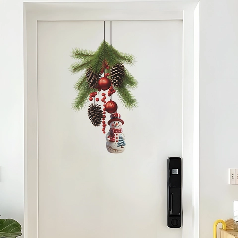 Adhesivo de Pared de PVC de Muñeco de Nieve y Piña 3D de Navidad Autoadesivo para Decoración de Puertas y Ventanas