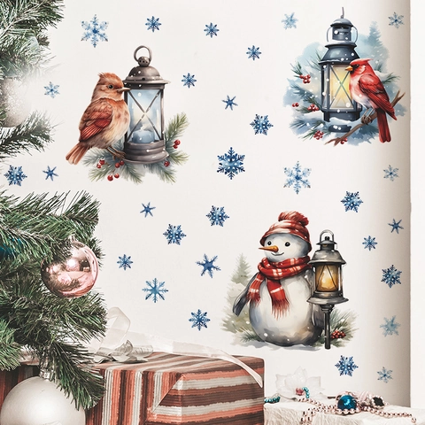 Vinilos Decorativos de Navidad Acuarela Vintage Muñeco de Nieve Pájaro Farola Copo de Nieve Azul PVC Autoadhesivo Ventana Hogar