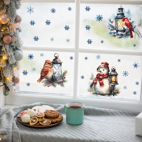 Vinilos Decorativos de Navidad Acuarela Vintage Muñeco de Nieve Pájaro Farola Copo de Nieve Azul PVC Autoadhesivo Ventana Hogar