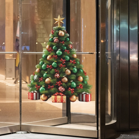 Großer Weihnachtsbaum Wandaufkleber Mit Ornamenten Schleifen Geschenkboxen Für Schlafzimmer Wohnzimmer Festliche Wanddeko