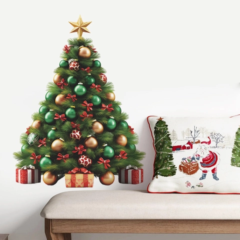 Großer Weihnachtsbaum Wandaufkleber Mit Ornamenten Schleifen Geschenkboxen Für Schlafzimmer Wohnzimmer Festliche Wanddeko