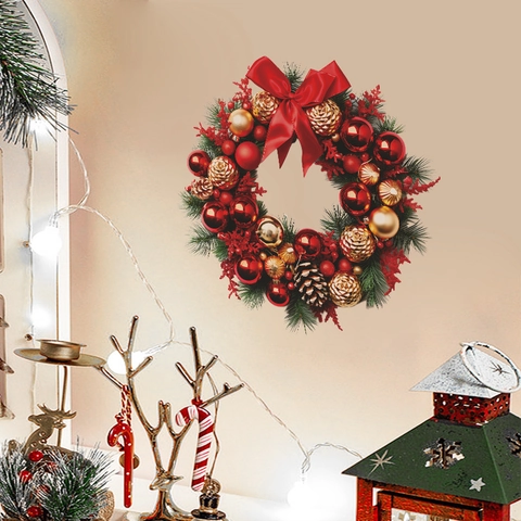 Pegatina de Pared Guirnalda de Navidad Efecto 3D Piña de Pino Lazo de Satén Adorno Navideño Calcomanía PVC para Decoración Ventana
