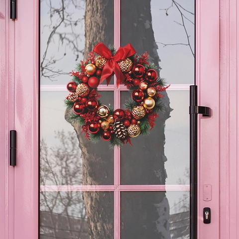 Pegatina de Pared Guirnalda de Navidad Efecto 3D Piña de Pino Lazo de Satén Adorno Navideño Calcomanía PVC para Decoración Ventana
