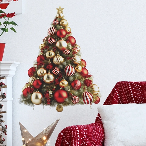 Adesivi Murali Albero di Natale PVC Motivo Palle Rosse Oro Vetrofanie Autoadesive Decalcomanie Festive Decorazione Casa