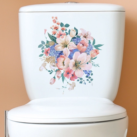 Watercolor Floral Bathroom Toilet Sticker Self Adhesive PVC Removable Flower Decal For Toilet Lid Tank Home Decor