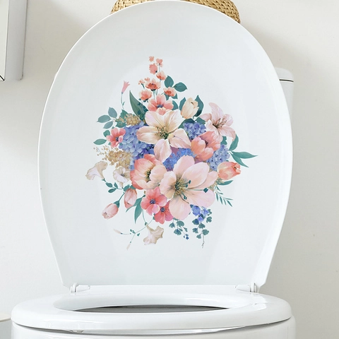 Watercolor Floral Bathroom Toilet Sticker Self Adhesive PVC Removable Flower Decal For Toilet Lid Tank Home Decor