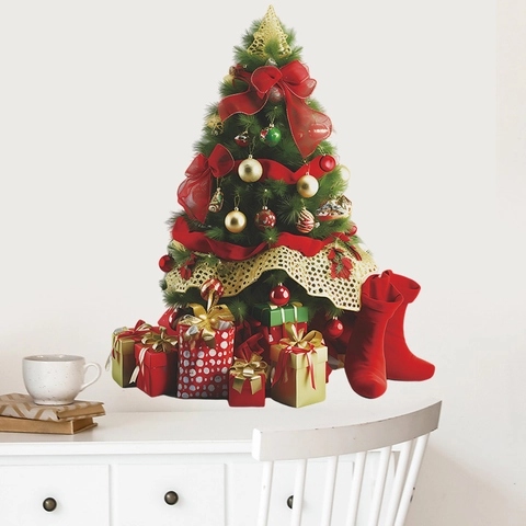 Christmas Tree Gift Boxes Boots Wall Stickers PVC Self Adhesive Festive Home Decor Decals For Living Room Bedroom