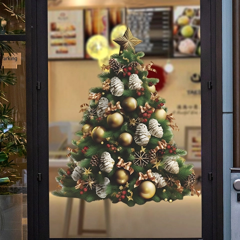 Pegatina de Pared Árbol de Navidad PVC Calcomanía Ventana Removible Piña Verde Estrella Dorada Decoración Hogar Sala de Estar Vidrio