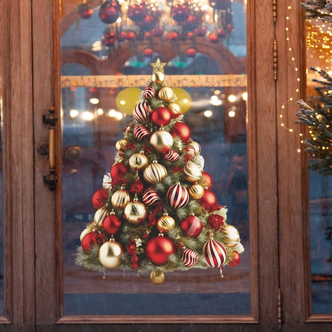 Adesivi Murali Albero di Natale PVC Motivo Palle Rosse Oro Vetrofanie Autoadesive Decalcomanie Festive Decorazione Casa