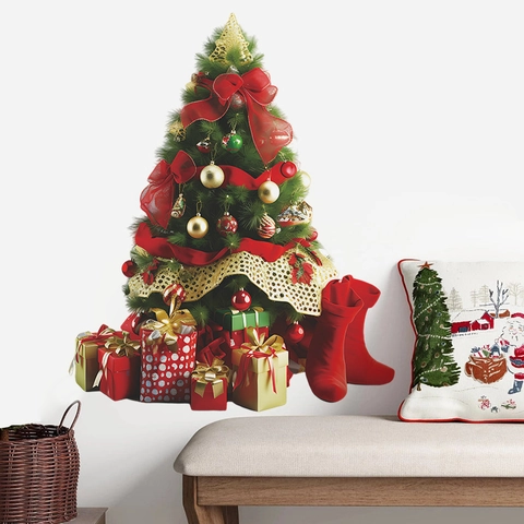 Christmas Tree Gift Boxes Boots Wall Stickers PVC Self Adhesive Festive Home Decor Decals For Living Room Bedroom