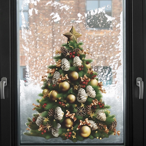 Pegatina de Pared Árbol de Navidad PVC Calcomanía Ventana Removible Piña Verde Estrella Dorada Decoración Hogar Sala de Estar Vidrio