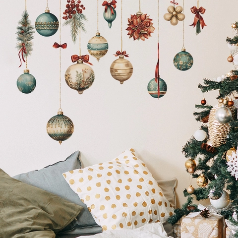 Vintage National Style Christmas Wall Stickers PVC Hanging Ornaments Balls Pine Branch Self Adhesive Festive Home Decor Window Decals