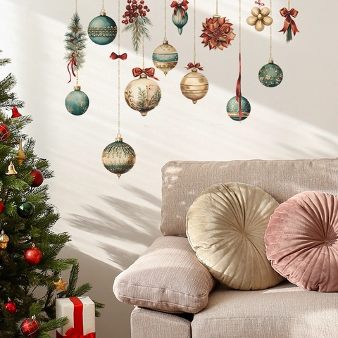Vintage National Style Christmas Wall Stickers PVC Hanging Ornaments Balls Pine Branch Self Adhesive Festive Home Decor Window Decals