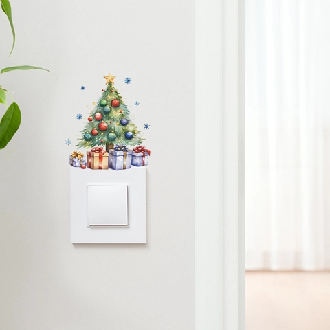 Adesivo per Interruttore della Luce Albero di Natale e Scatola Regalo PVC Acquerello Decorazione Parete Festiva Casa