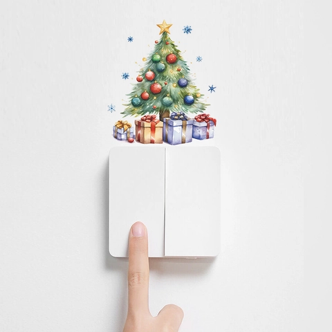 Adesivo per Interruttore della Luce Albero di Natale e Scatola Regalo PVC Acquerello Decorazione Parete Festiva Casa